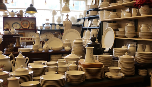 Display of antique and collectible Items Helsby Vintage including vintage plates cups and teapots in a shop