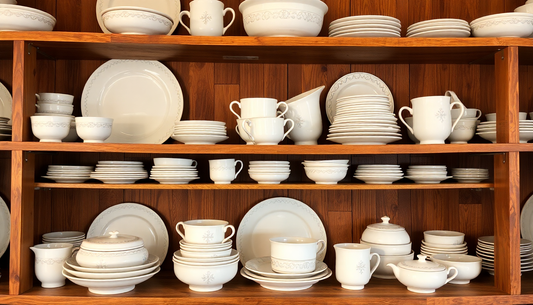 Collection of ceramic plates cups and bowls displayed on wooden shelves vintage ceramics brands guide