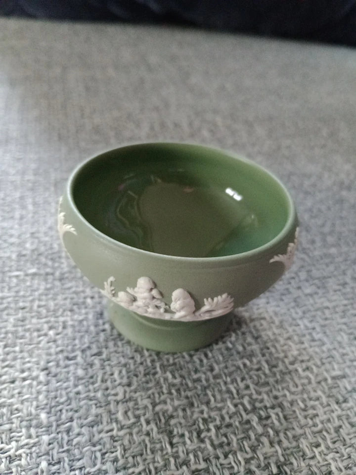 Wedgwood Green Jasperware Salt Cellar Jasper Ware 7cm Diameter Rare Design