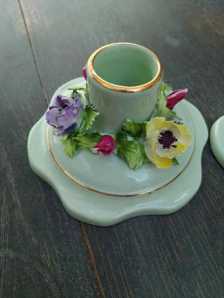 Adderley Bone China Pair of Candleholders with Floral Detail - Helsby Vintage