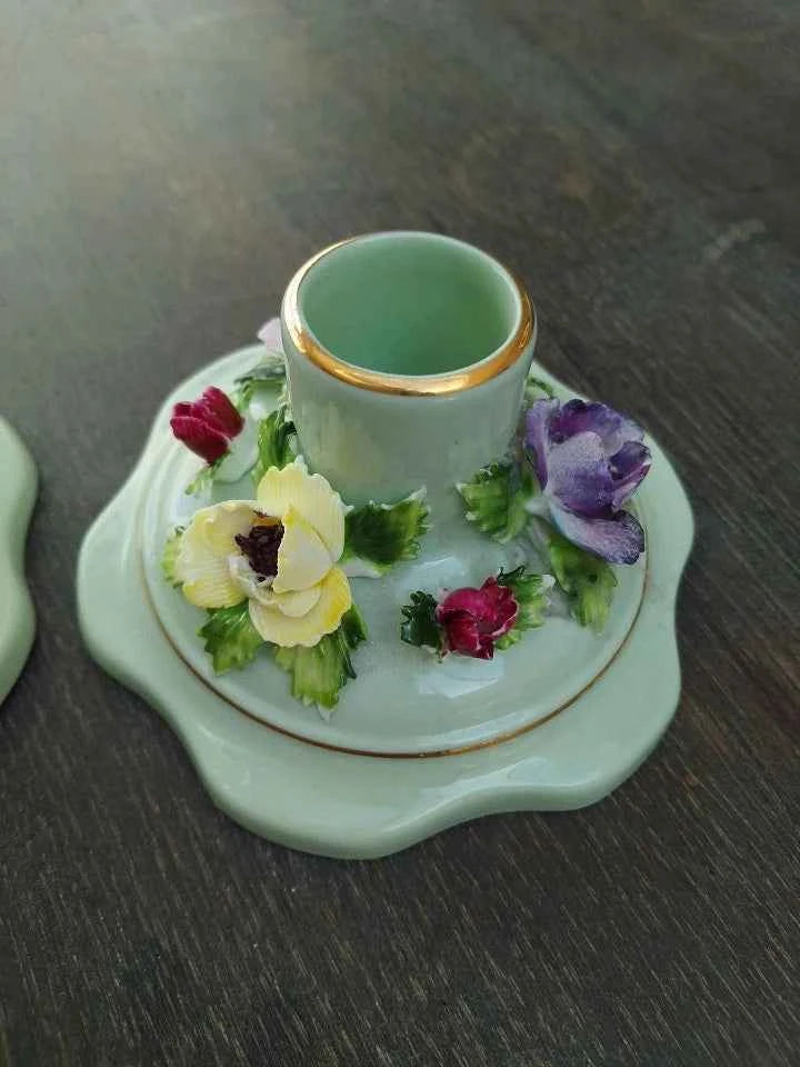 Adderley Bone China Pair of Candleholders with Floral Detail - Helsby Vintage