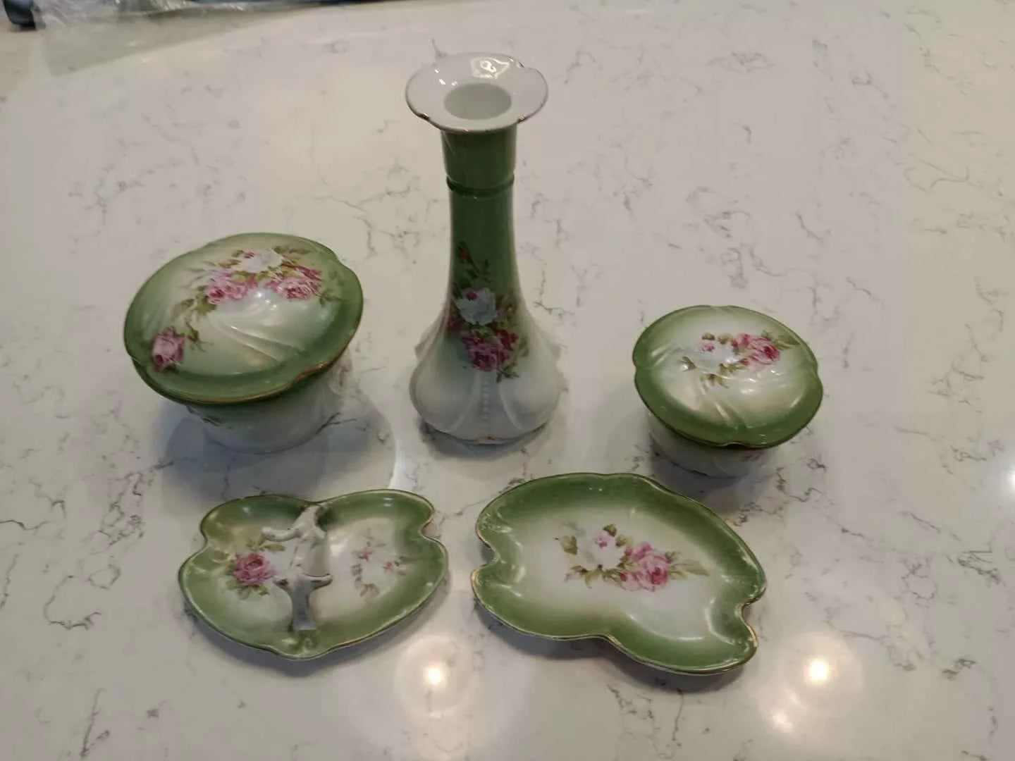 Antique Art Nouveau Trinket Set, Green, 1920s Five Pieces - Helsby Vintage