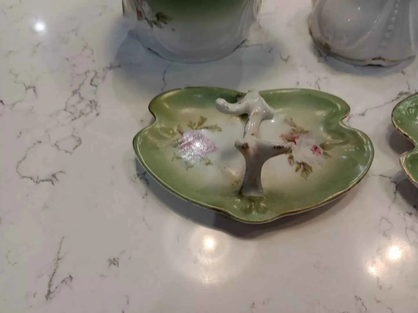 Antique Art Nouveau Trinket Set, Green, 1920s Five Pieces - Helsby Vintage