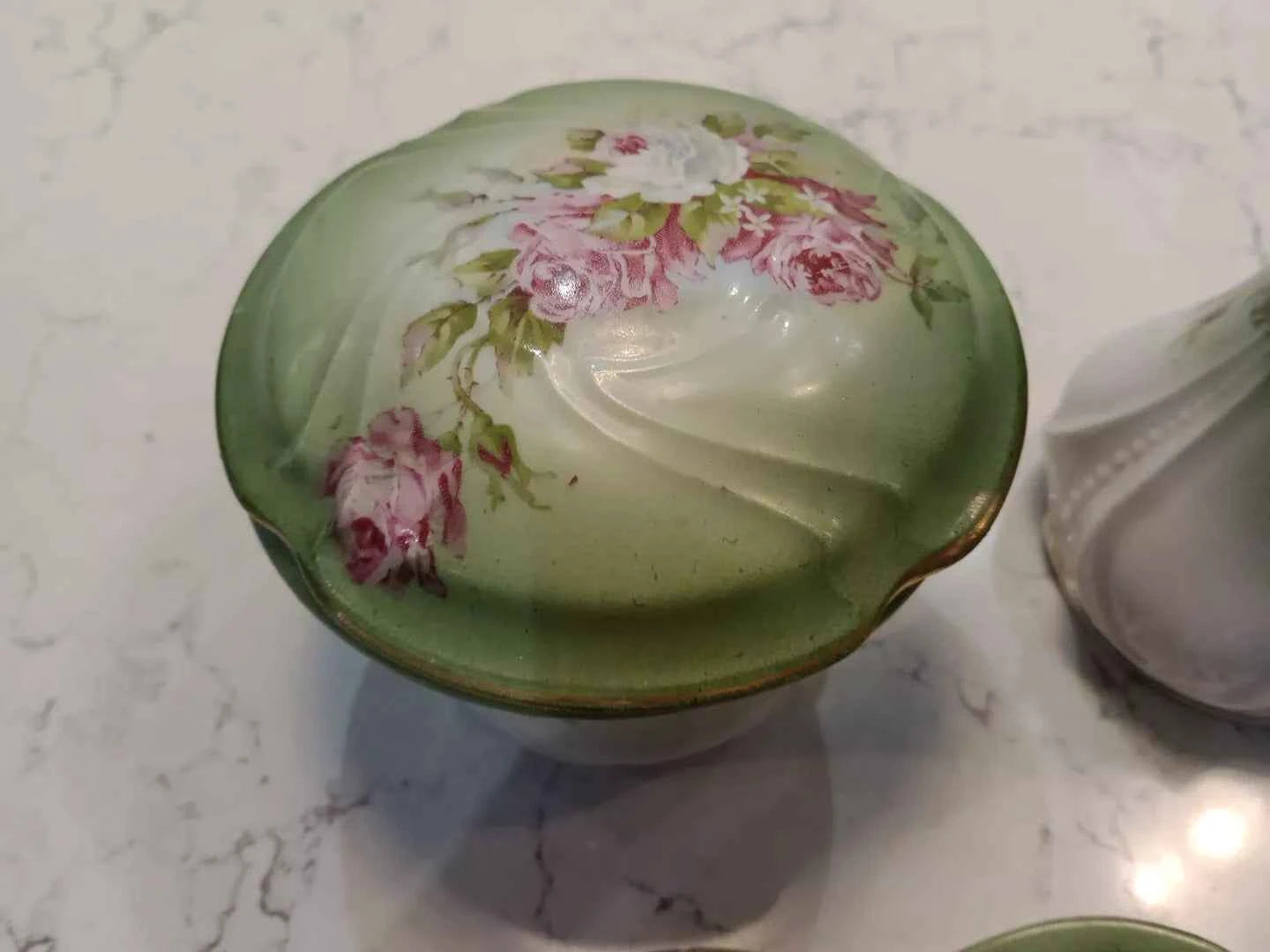 Antique Art Nouveau Trinket Set, Green, 1920s Five Pieces - Helsby Vintage
