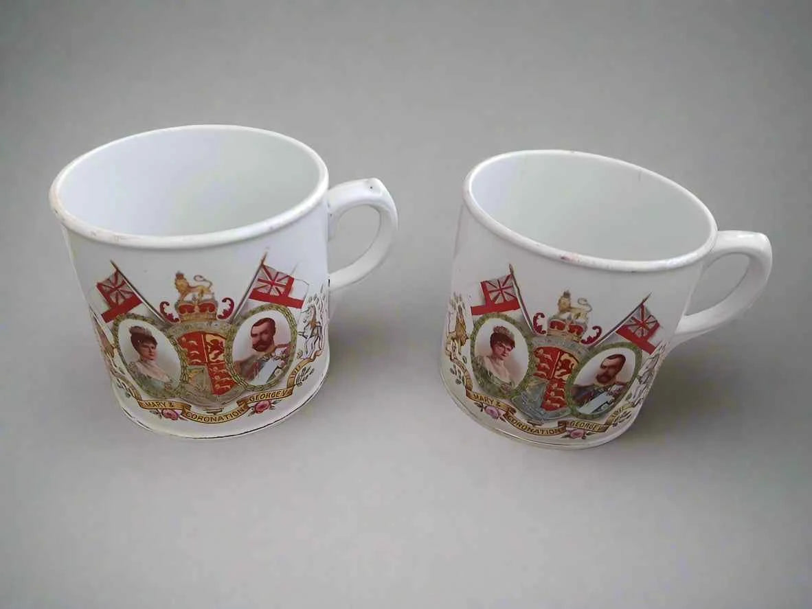 Antique 1911 George V And Mary English Coronation Pair of Mugs Bridgwood Widnes - Helsby Vintage