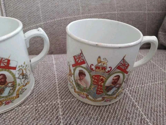 Antique 1911 George V And Mary English Coronation Pair of Mugs Bridgwood Widnes - Helsby Vintage