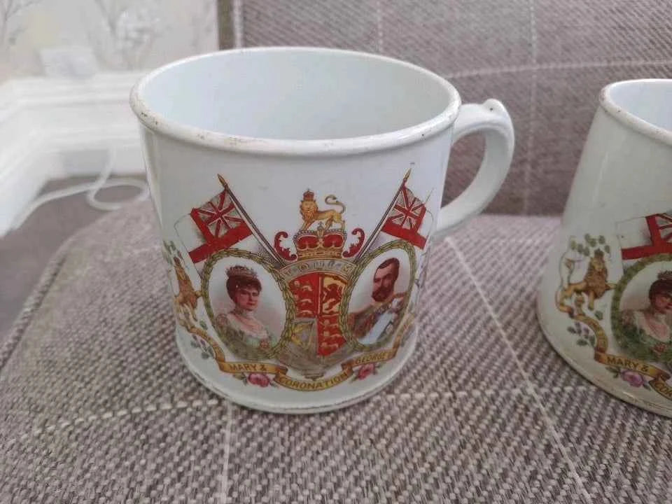 Antique 1911 George V And Mary English Coronation Pair of Mugs Bridgwood Widnes - Helsby Vintage