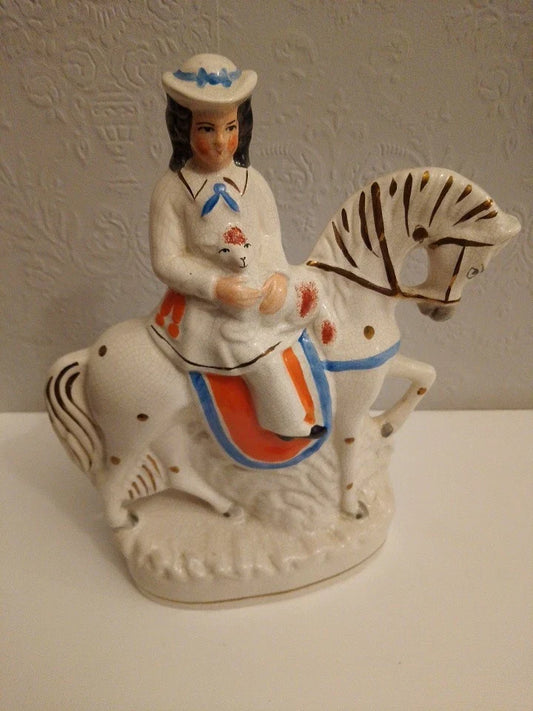 Antique Staffordshire Flatback Lady On Horse With Dog Good Condition - Helsby Vintage