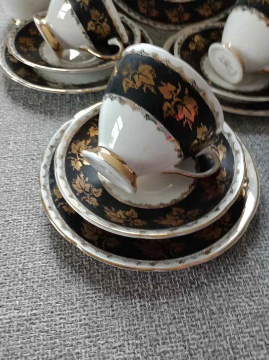 Gladstone China Tea Set Rare Black Gold 3 Trios, 1 Jug, 1 Cake Plate Vintage - Helsby Vintage