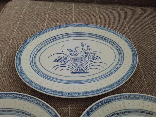 Chinese Jingdezhen Porcelain Blue Chrysanthemum Oval Platters 12" and 2 x 10" - Helsby Vintage