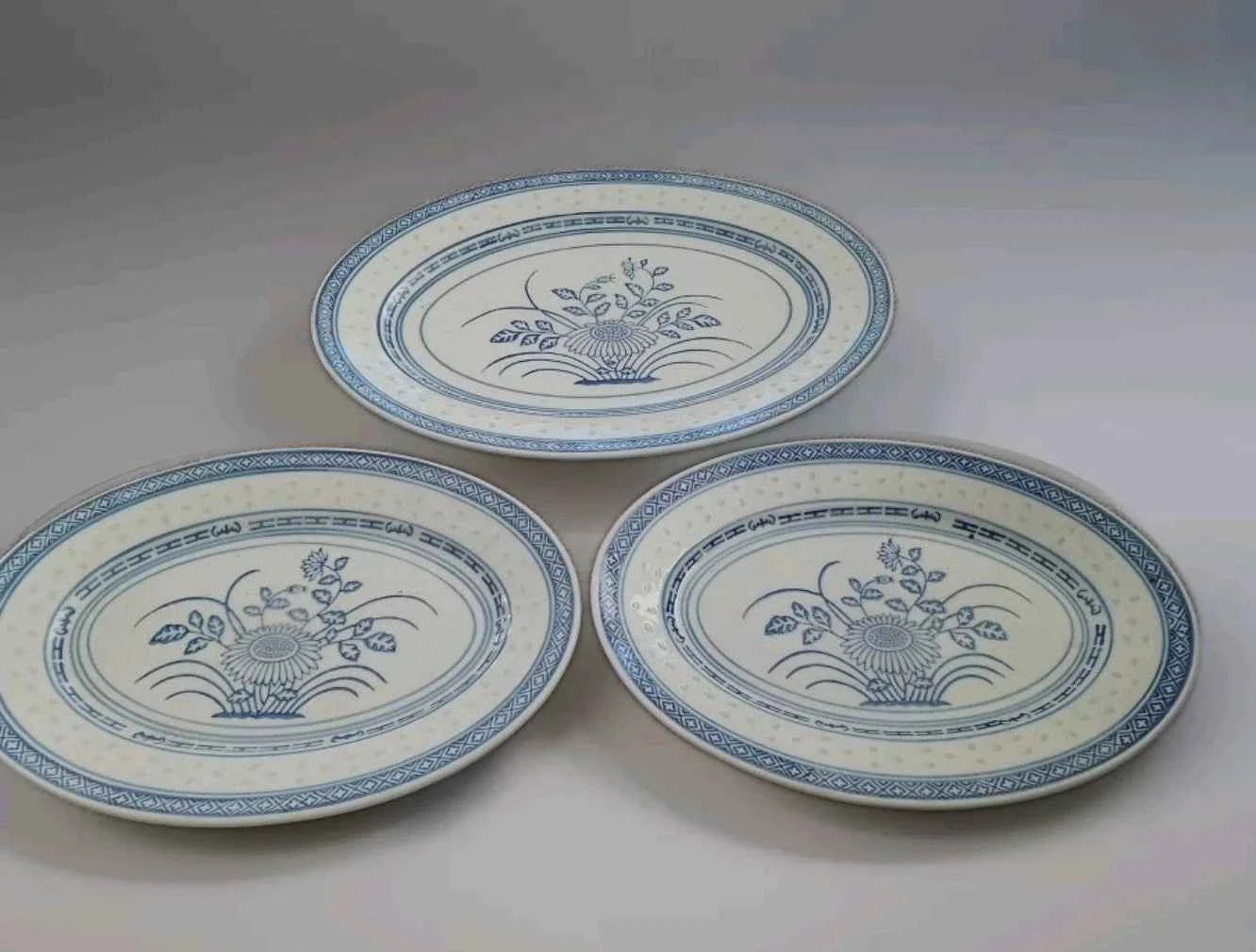Chinese Jingdezhen Porcelain Blue Chrysanthemum Oval Platters 12" and 2 x 10" - Helsby Vintage