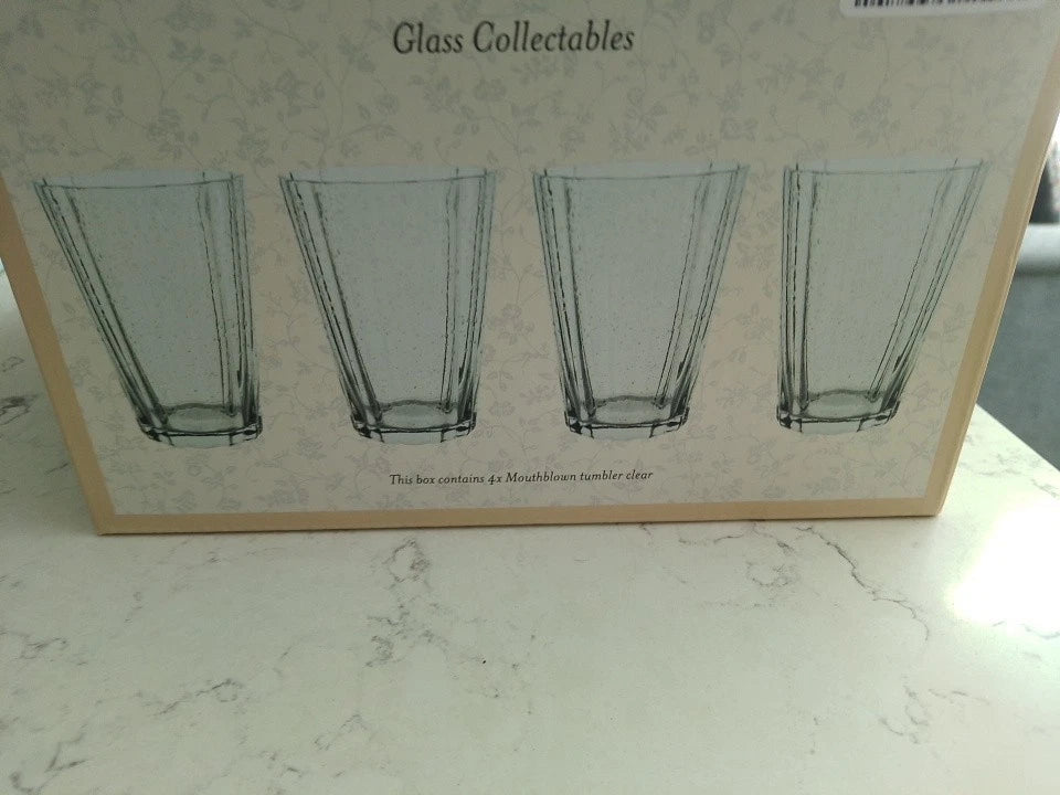 Set Of 4 Laura Ashley Mouthblown Tumblers Fluted Glasses 13cm Tall NEW in BOX - Helsby Vintage