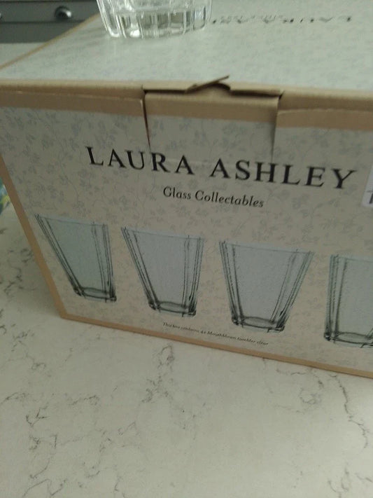 Set Of 4 Laura Ashley Mouthblown Tumblers Fluted Glasses 13cm Tall NEW in BOX - Helsby Vintage
