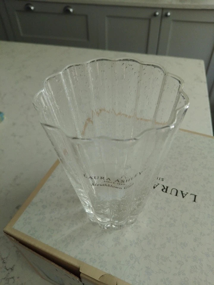 Set Of 4 Laura Ashley Mouthblown Tumblers Fluted Glasses 13cm Tall NEW in BOX - Helsby Vintage