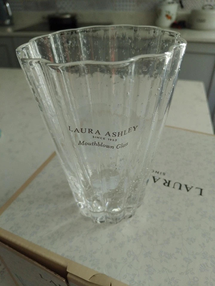 Set Of 4 Laura Ashley Mouthblown Tumblers Fluted Glasses 13cm Tall NEW in BOX - Helsby Vintage