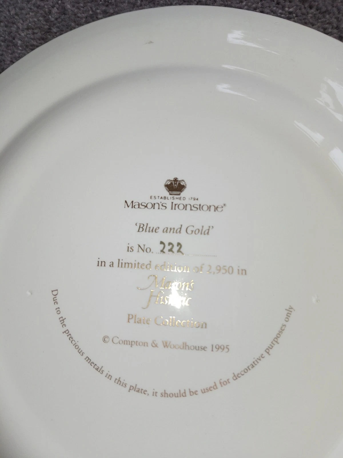 MASONS IRONSTONE Limited Edition BLUE And GOLD' HISTORIC PLATE 222 Of 2950 - Helsby Vintage