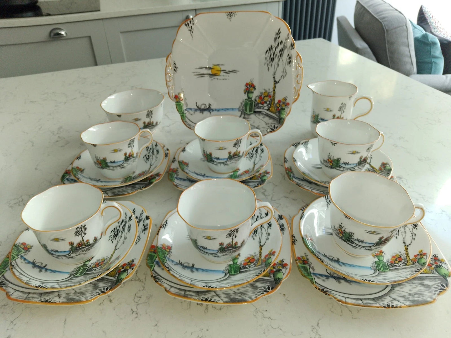 Mayer & Sherratt 1930s Melba Bone China Art Deco 21 Piece Tea Set Rare Pattern 4394 - Helsby Vintage