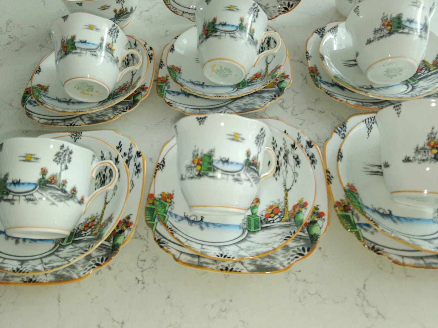 Mayer & Sherratt 1930s Melba Bone China Art Deco 21 Piece Tea Set Rare Pattern 4394 - Helsby Vintage