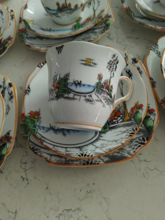 Mayer & Sherratt 1930s Melba Bone China Art Deco 21 Piece Tea Set Rare Pattern 4394 - Helsby Vintage