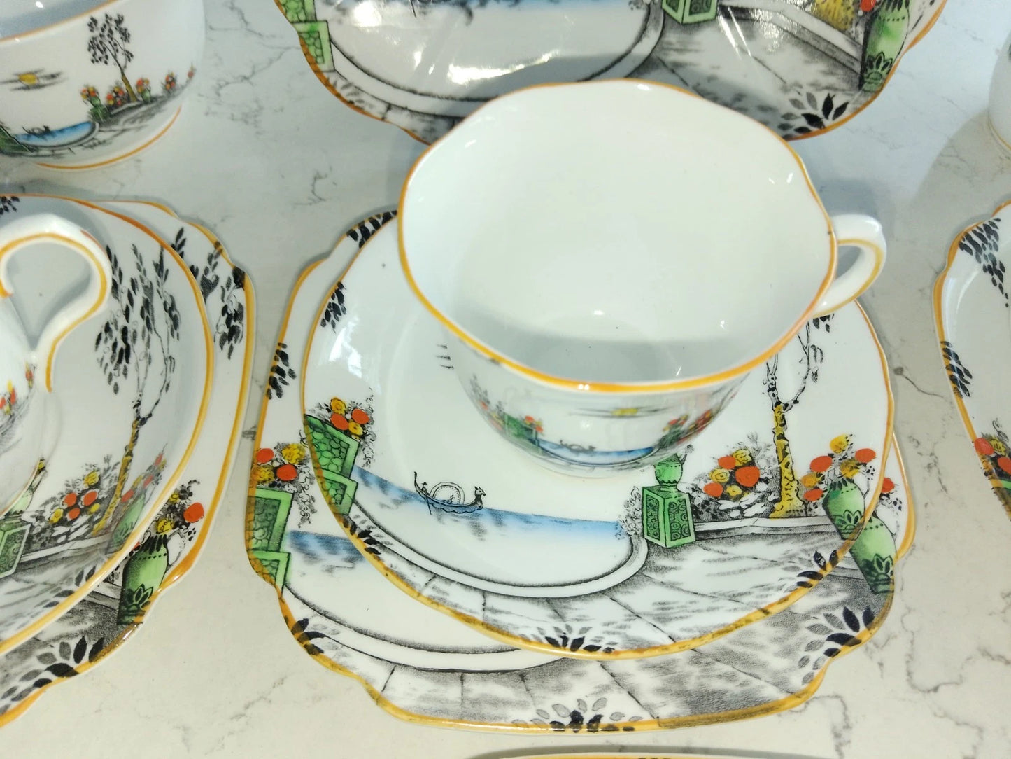Mayer & Sherratt 1930s Melba Bone China Art Deco 21 Piece Tea Set Rare Pattern 4394 - Helsby Vintage