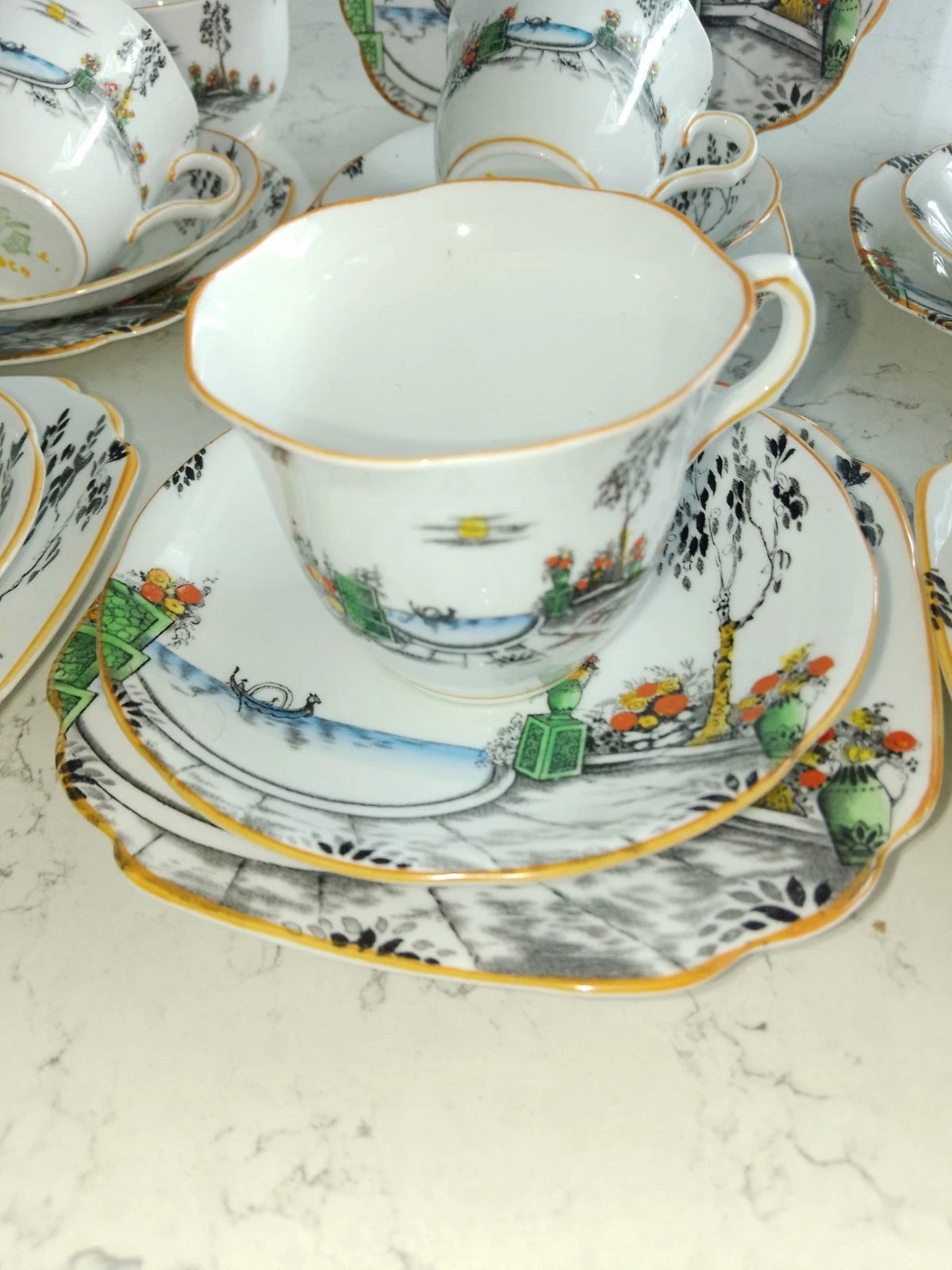 Mayer & Sherratt 1930s Melba Bone China Art Deco 21 Piece Tea Set Rare Pattern 4394 - Helsby Vintage
