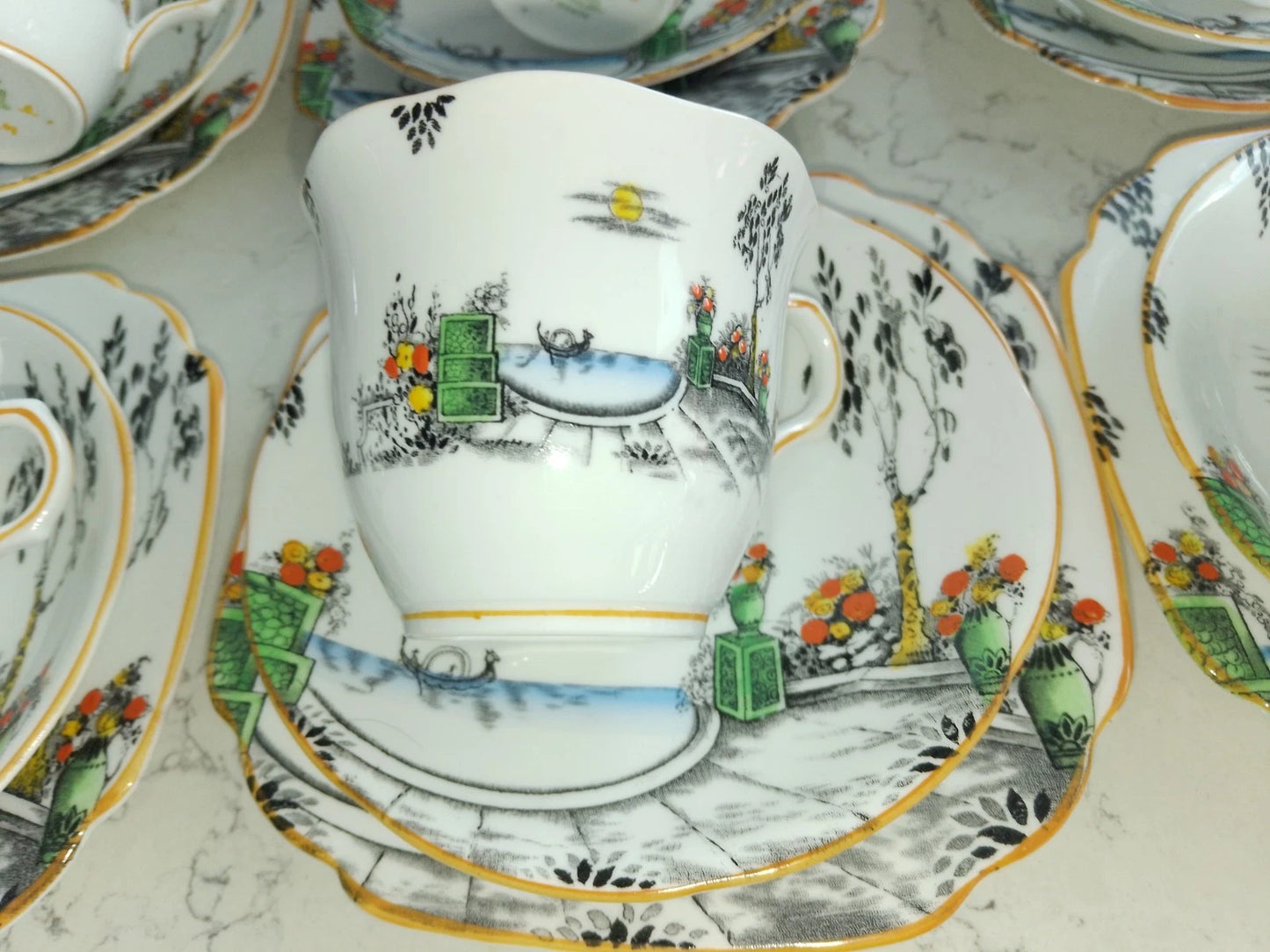 Mayer & Sherratt 1930s Melba Bone China Art Deco 21 Piece Tea Set Rare Pattern 4394 - Helsby Vintage