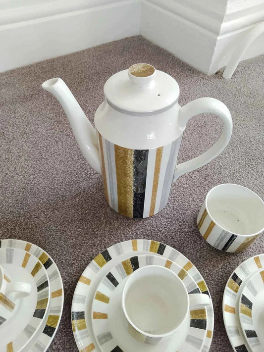 Midwinter Queensbury Coffee Set Stripe 17 Pieces Black Brown Stripe - Helsby Vintage