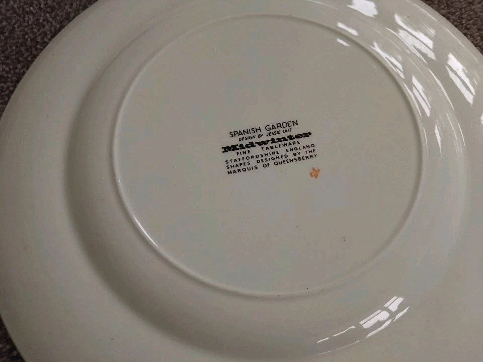 Back of Midwinter Spanish Garden plates showing brand and design details on white ceramic dinnerware