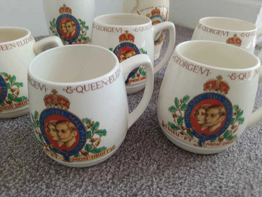 King George VI And Queen Elizabeth Coronation 1937 2 Beakers And 5 Mugs Cups - Helsby Vintage
