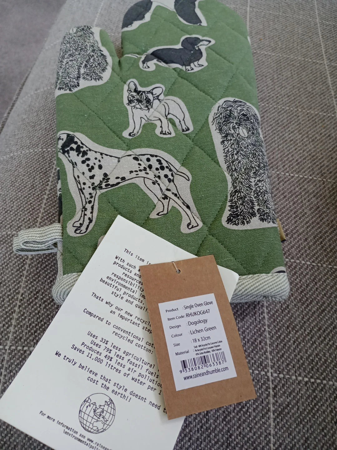 Raine And Humble Double Oven Glove Set Dog Dogology Lichen Green Organic - Helsby Vintage