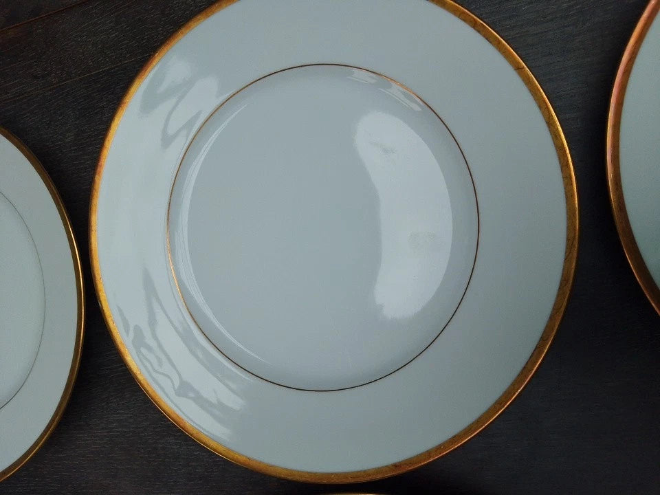 Richard Ginori Italy Set Of 6 Dinner Plates Plain Gold Rim 25cm - Helsby Vintage