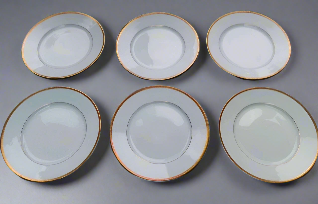 Richard Ginori Italy Set Of 6 Dinner Plates Plain Gold Rim 25cm - Helsby Vintage