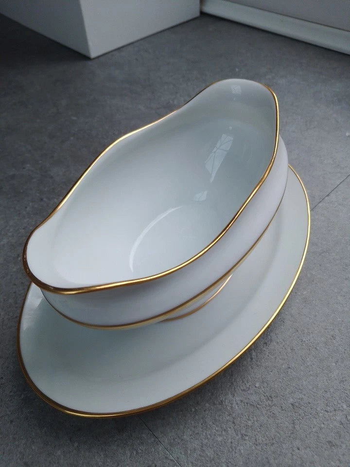 Richard Ginori White Gold Detail Gravy Sauce Boat with Fixed Underplate G82 Rare - Helsby Vintage
