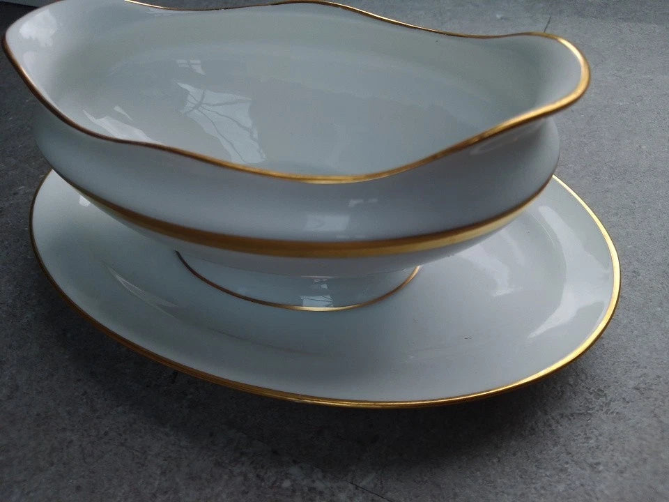Richard Ginori White Gold Detail Gravy Sauce Boat with Fixed Underplate G82 Rare - Helsby Vintage