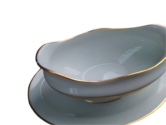 Richard Ginori White Gold Detail Gravy Sauce Boat with Fixed Underplate G82 Rare - Helsby Vintage
