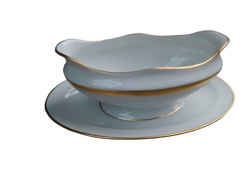 Richard Ginori White Gold Detail Gravy Sauce Boat with Fixed Underplate G82 Rare - Helsby Vintage
