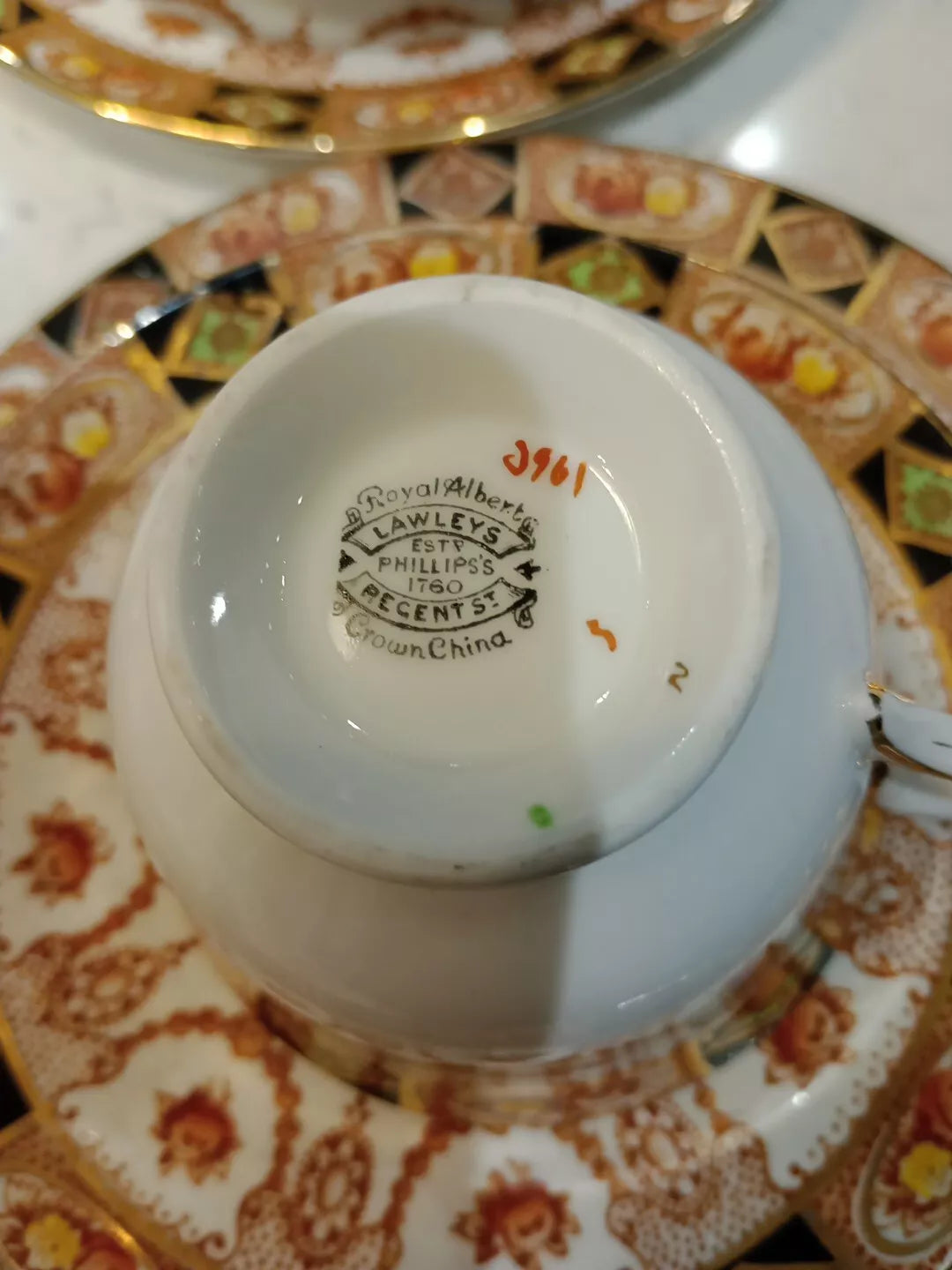 Vintage Devon Black Lovain tea set Royal Albert cup showing hallmark and ornate patterned plate