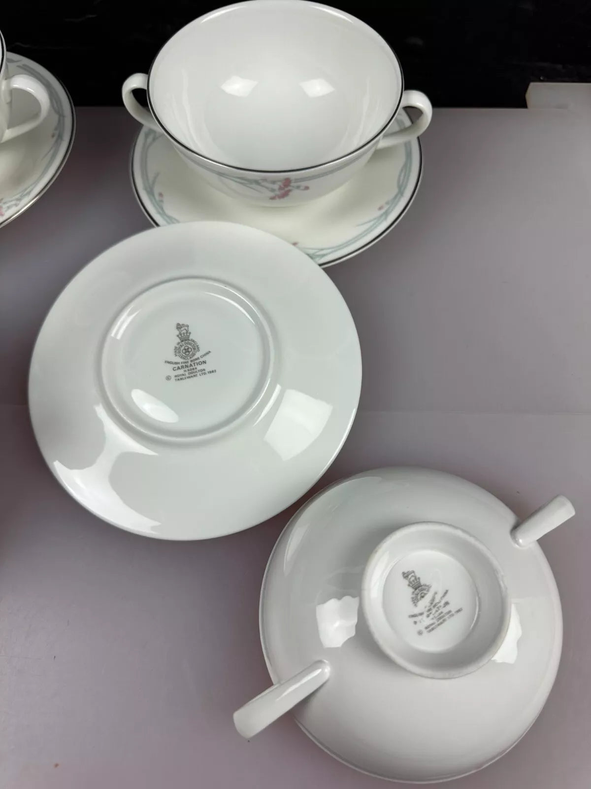 Royal Doulton Carnation H5084 Handled Soup Coupes Cups Saucers x 4 - Helsby Vintage