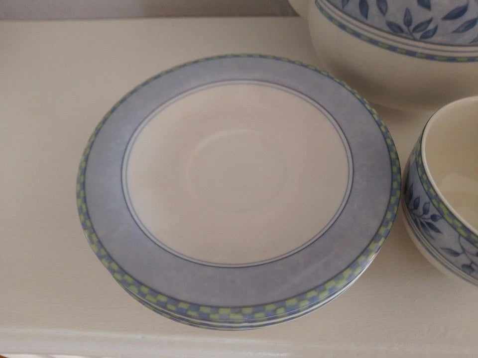 Royal Doulton Expressions Rivoli Teapot 3 Cups And Saucers Blue Green White Rare - Helsby Vintage