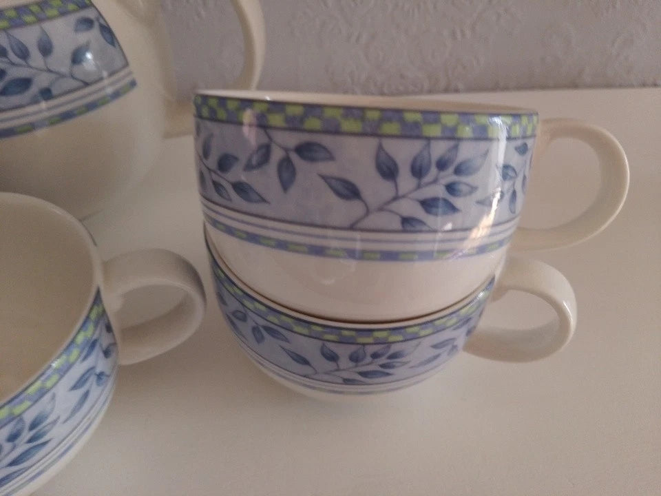 Royal Doulton Expressions Rivoli Teapot 3 Cups And Saucers Blue Green White Rare - Helsby Vintage