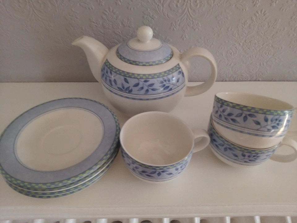 Royal Doulton Expressions Rivoli Teapot 3 Cups And Saucers Blue Green White Rare - Helsby Vintage