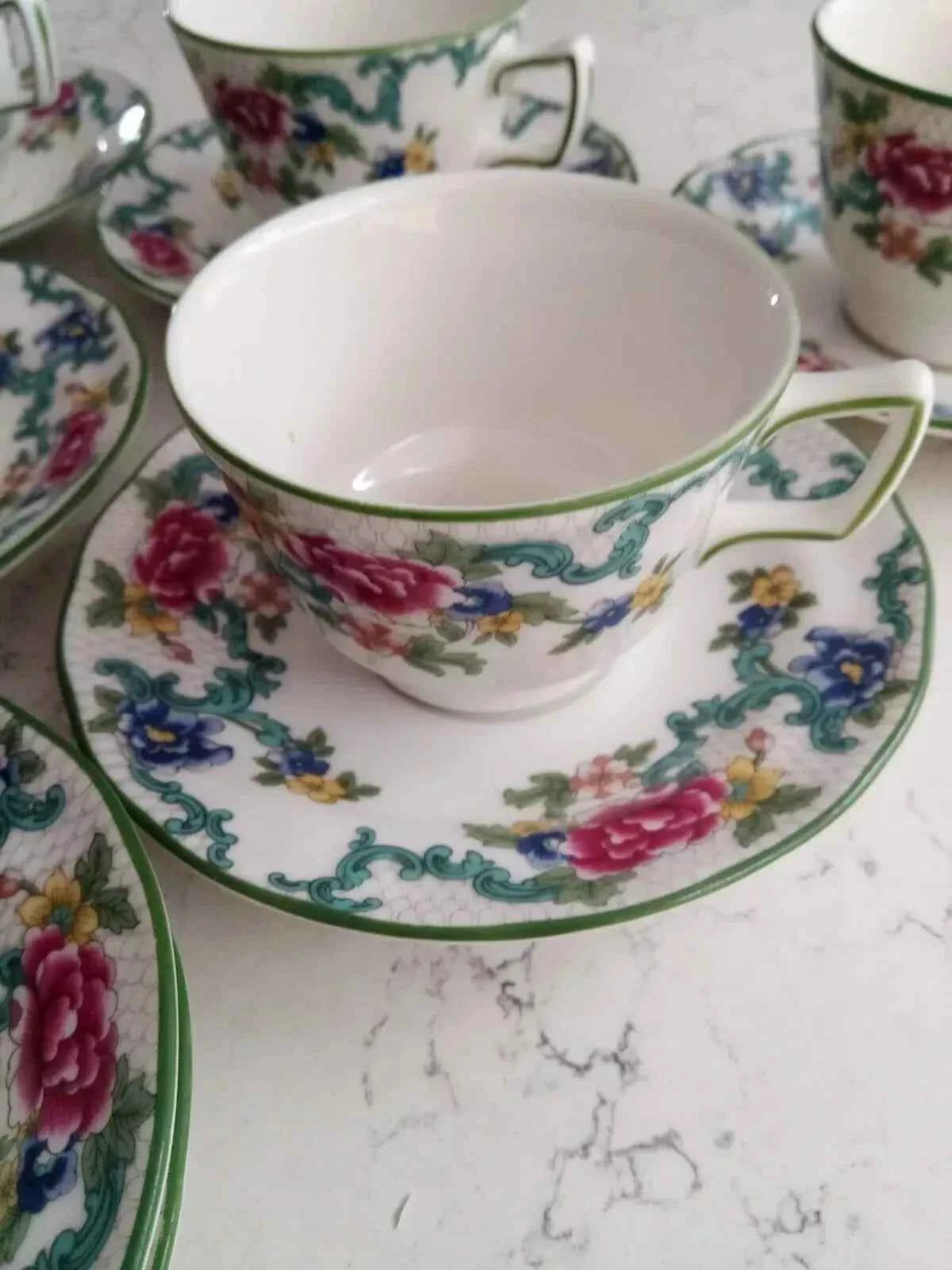 Royal Doulton Floradora Green Tea Set of 6 – Vintage Fine Bone China - Helsby Vintage