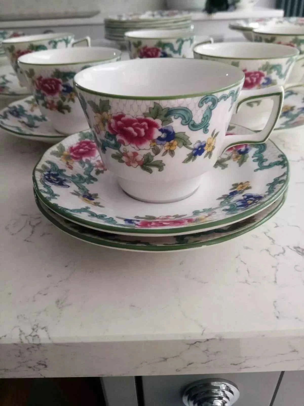 Royal Doulton Floradora Green Tea Set of 6 – Vintage Fine Bone China - Helsby Vintage