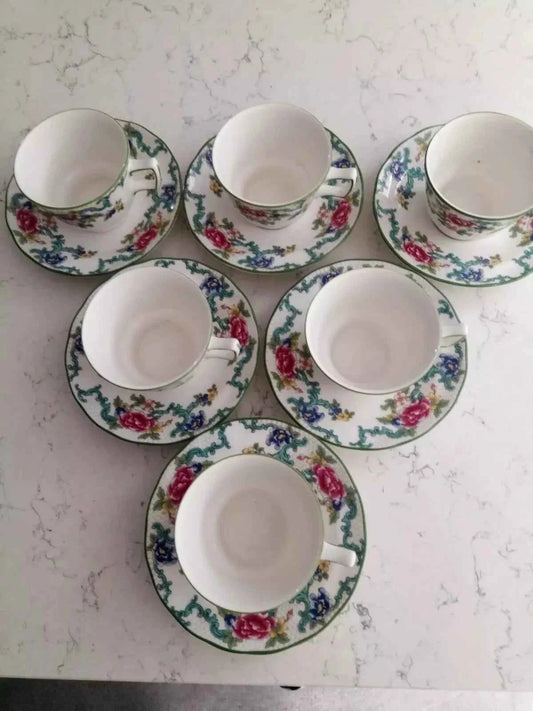 Royal Doulton Floradora Green Tea Set of 6 – Vintage Fine Bone China - Helsby Vintage