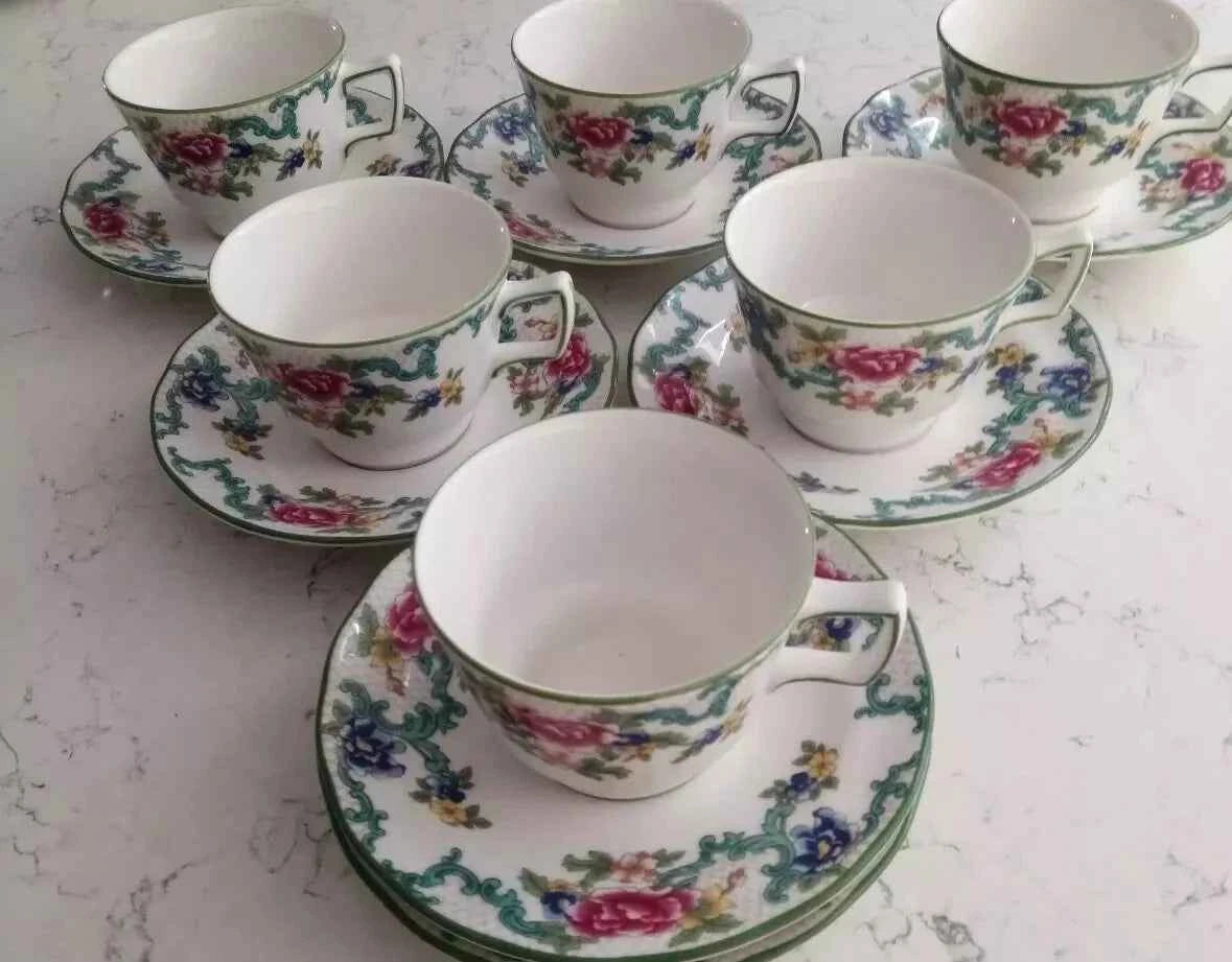 Royal Doulton Floradora Green Tea Set of 6 – Vintage Fine Bone China - Helsby Vintage