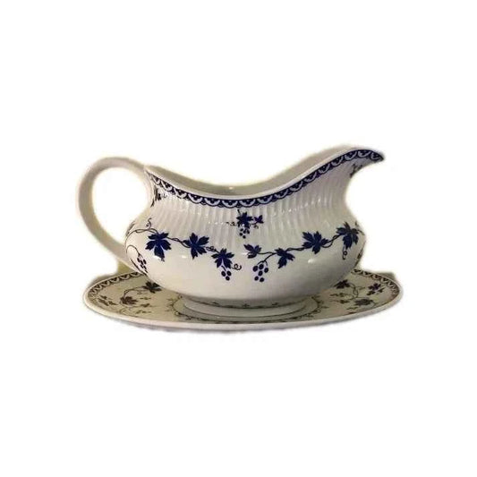 Royal Doulton Yorktown Vintage Blue Floral Gravy Boat and Stand Set - Helsby Vintage