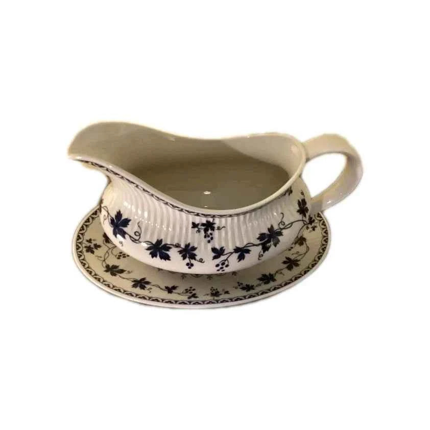 Royal Doulton Yorktown Vintage Blue Floral Gravy Boat and Stand Set - Helsby Vintage