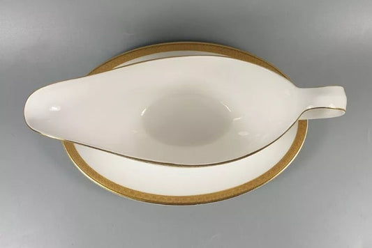 Royal Doulton Royal Gold Gravy Boat Or Sauce Dish And Stand - Helsby Vintage