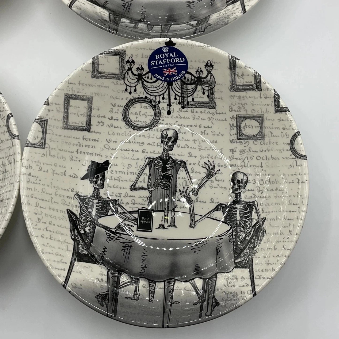 NEW Royal Stafford Halloween Set Of 4 Skeleton Design Cereal Bowls 20cm - Helsby Vintage
