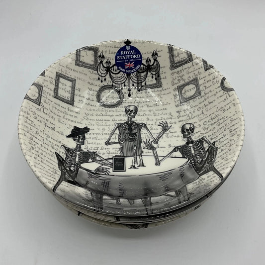 NEW Royal Stafford Halloween Set Of 4 Skeleton Design Cereal Bowls 20cm - Helsby Vintage
